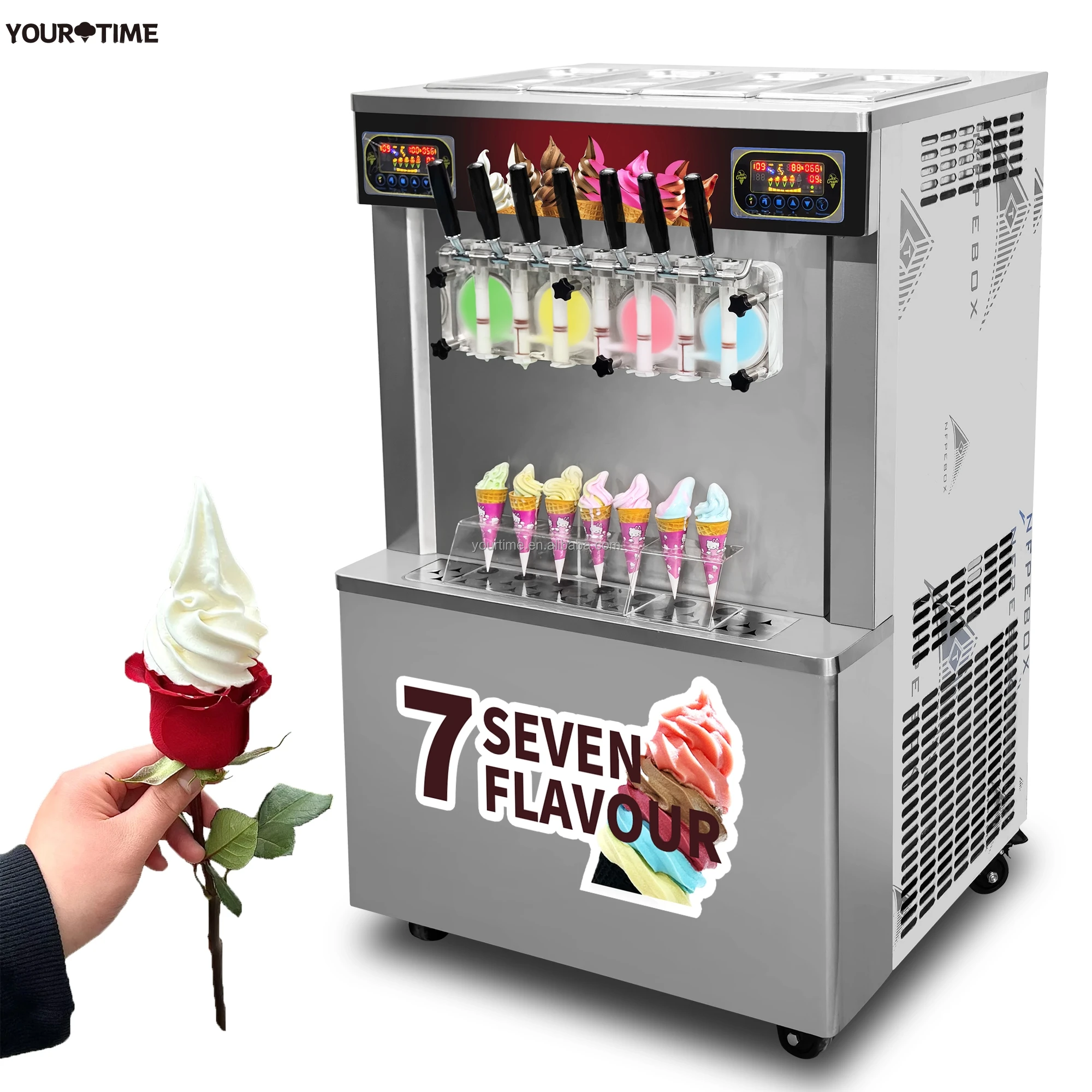 4+3 Mix Flavors Commercial Soft Serve Ice Cream Machine Automatic Frozen Yogurt Freezer Brazil Ice Cream Vending Maker