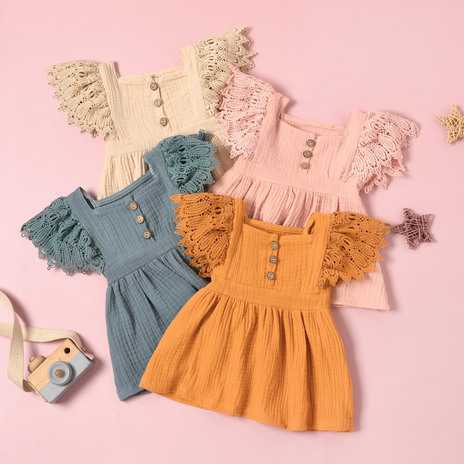 Hot Sale Girls Casual Party Skirt Kids Lace Ruffle Shoulder Baby girls Dresses Princess Cotton Gauze Summer Baby Girl Dress