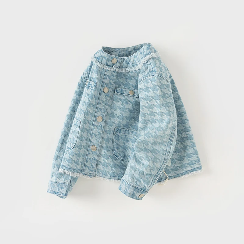 DB1248600 DAVE BELLA Kids Fashion Houndstooth Top Spring Baby Girls Casual Cotton Cute Sweet Denim Coat