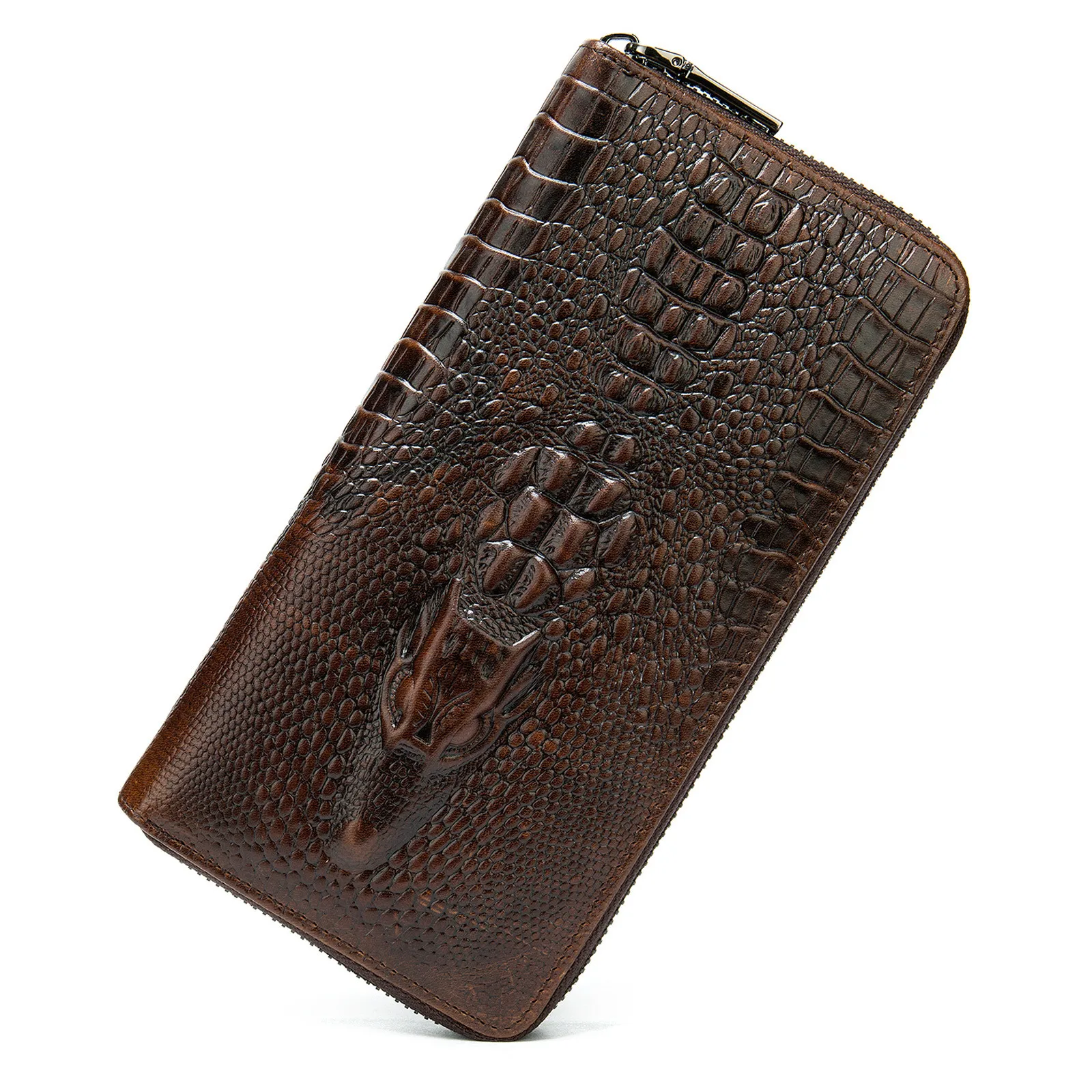 TIDING Genuine Cowhide Leather Hand Wallet Crocodile Pattern Embossing Long Leather Wallet for Men