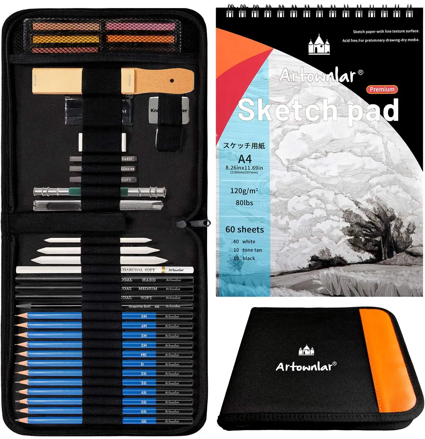 Professional 40 Pieces Sketching Supplies with 3-Color Sketchbook, Graphite Charcoal Pencils, Artist Kit for Adults Teens