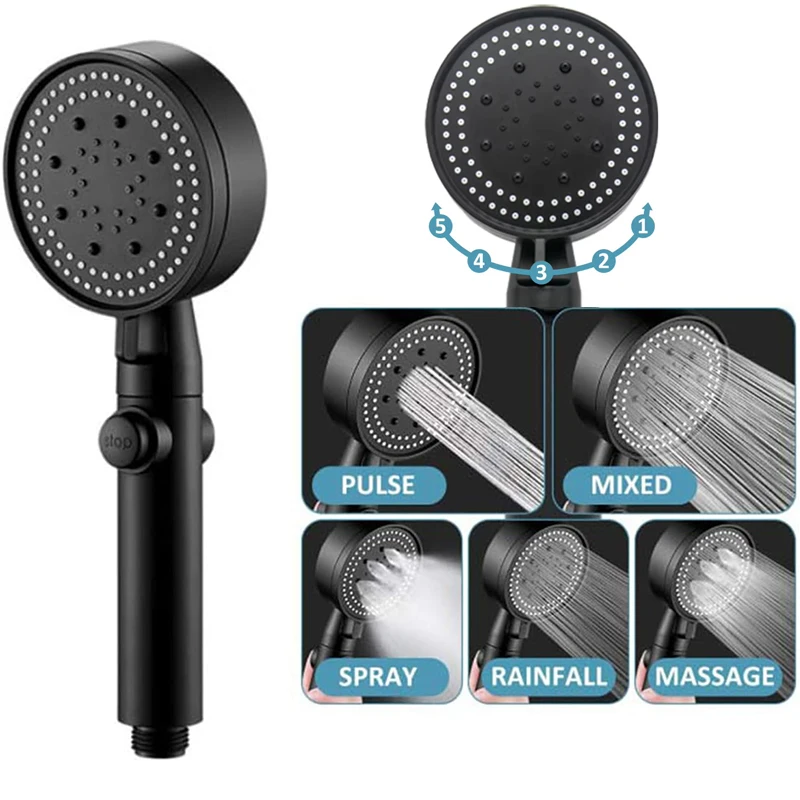 5 Modes Water Saving Shower Head Black Adjustable High Pressure Shower One-Key Stop Water Massage Shower Head