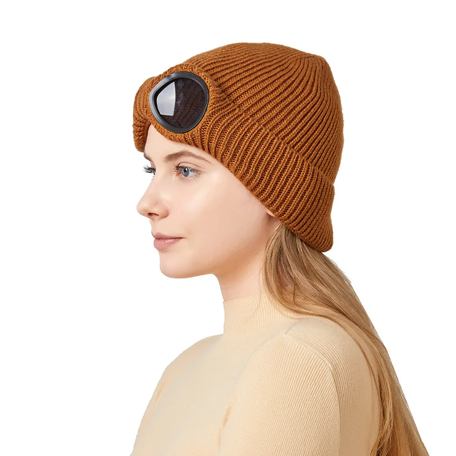 Autumn Winter Men and Women Cashmere Knitted Ski Windproof Glasses Warm Woolen Hat