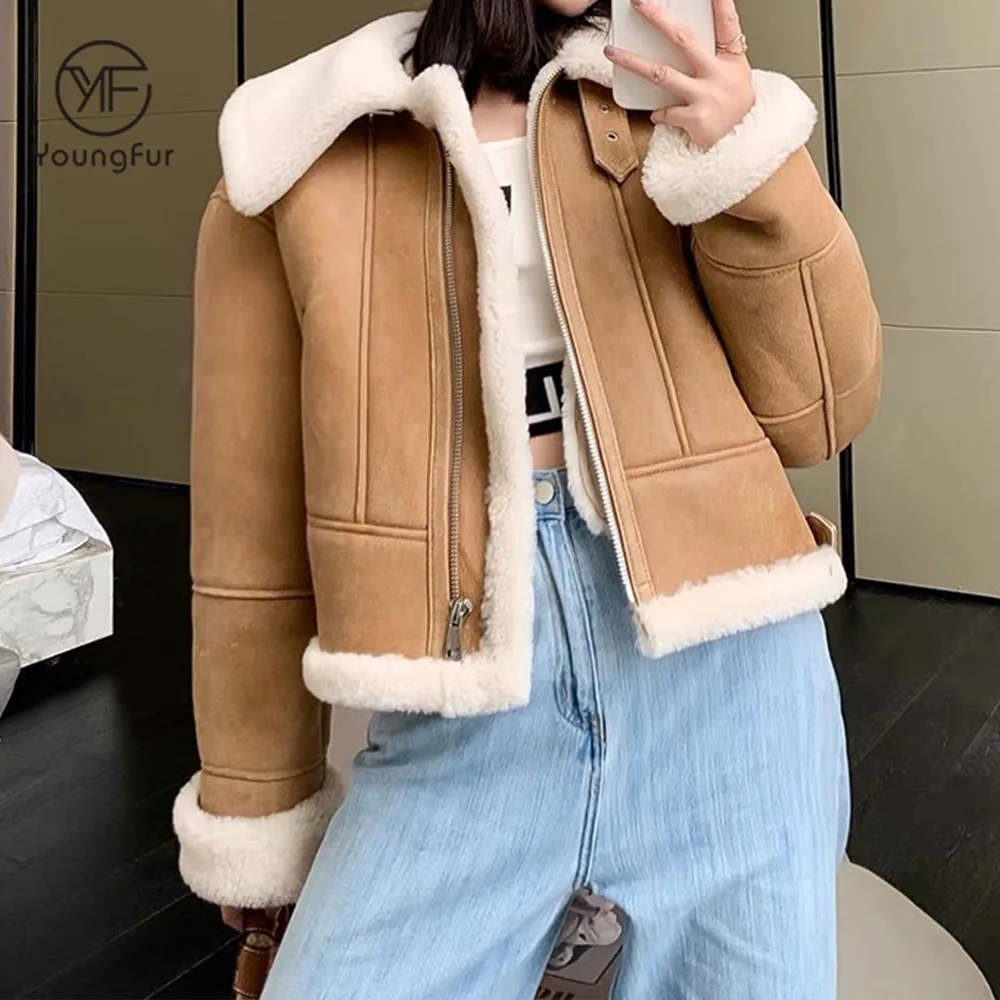 Double Face Lamb Fur Coat High Quality Sheepskin Fur Garment For Women Whole Piece Leather Jacket