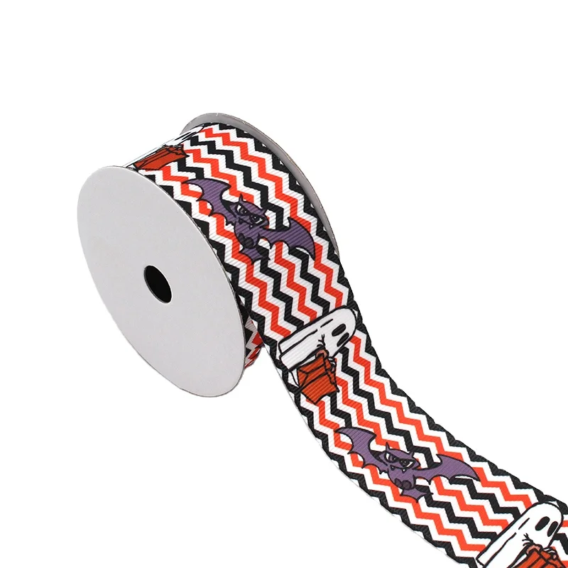 Custom patterned printed Halloween theme polyester silk ribbon gift box costume packaging ribbon