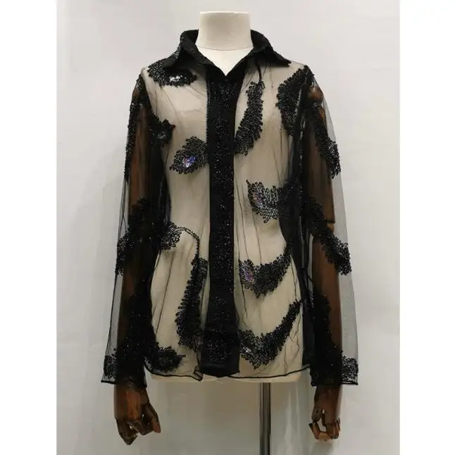 Fashion New Sexy Blouses Women Beaded See Through Mesh Tops Female Long-Sleeved Lapel Shirt Wholesale