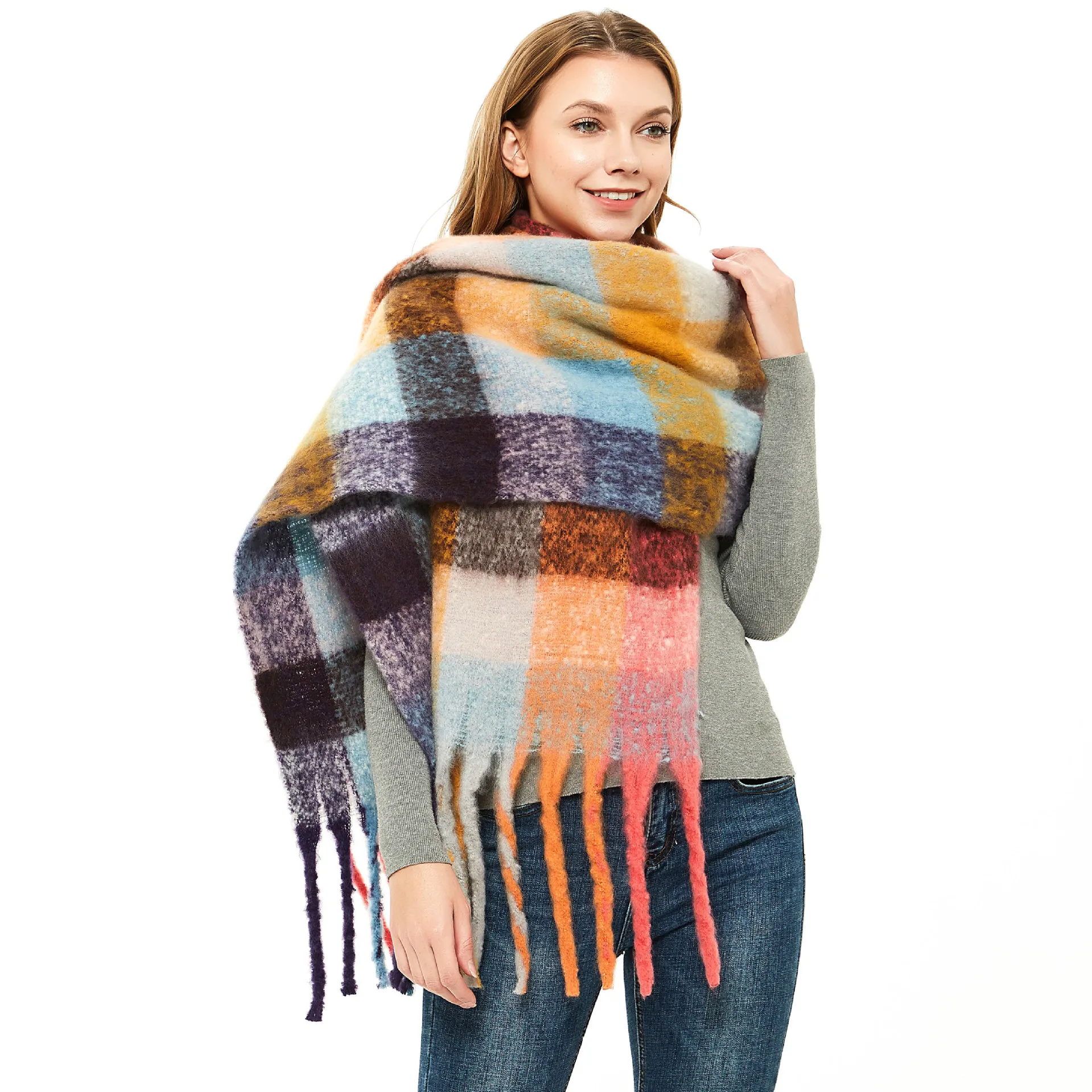 Wholesale Winter Thickened Warm Loop Yarn Gradient Color Scarf With Tassel For Women Outdoor Colorful Woven Scarves Shawls