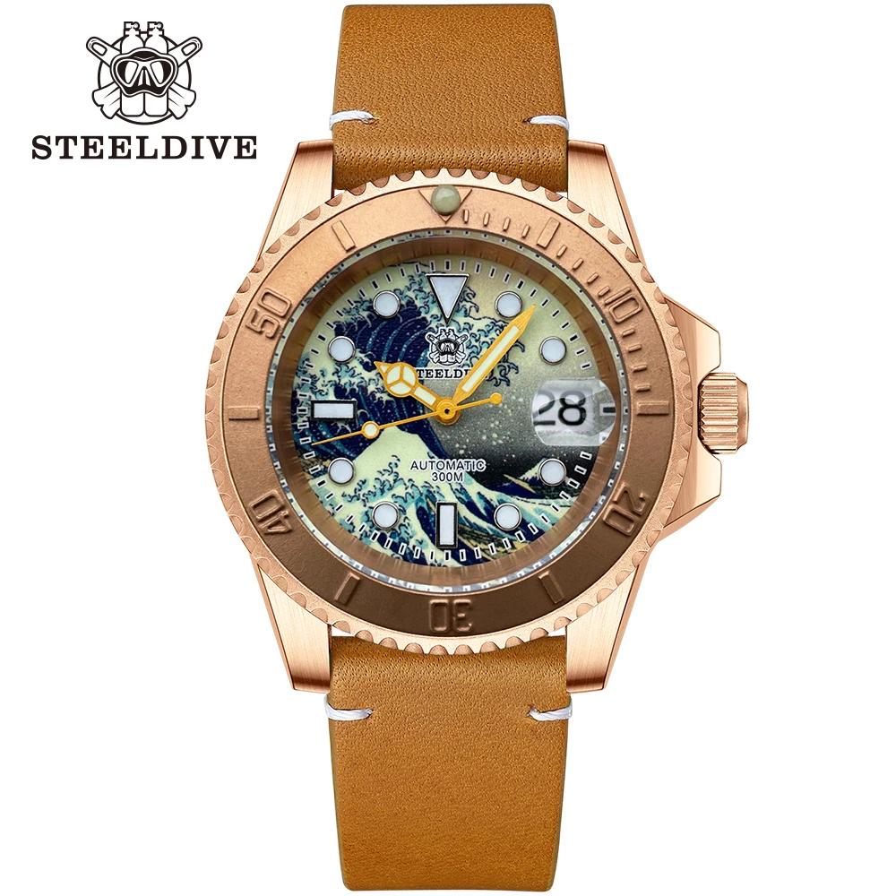 Бренд STEELDIVE 41 мм SD1953JS однотонные бронзовые сверхсветящиеся с покрытием из сапфирового стекла 200 м NH35 автоматические часы для погружения