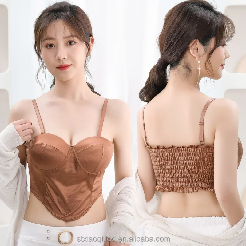 comfortable camisole hot style sexy wrap chest traceless bra Ice silk seamless pleated latex fixed cup sling tube top for women