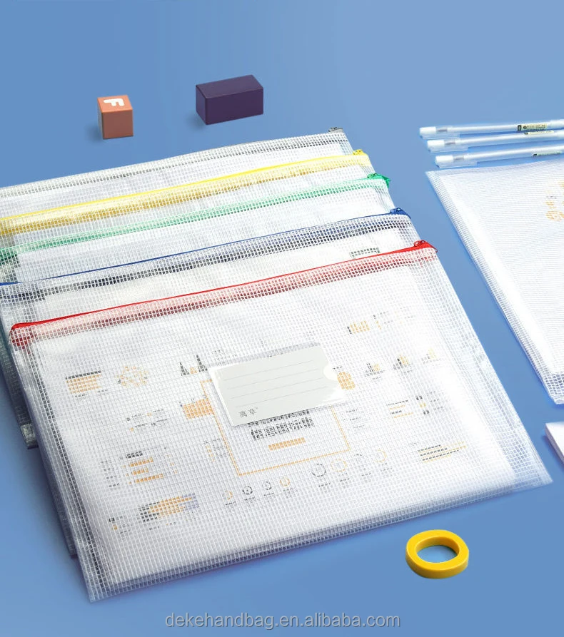 Custom Logo 0.4 Grid Mesh Clear Pvc A3 A5 B4 B5 Zipper File Bag Zipper Card Slot Transparent Document Bag for School Office