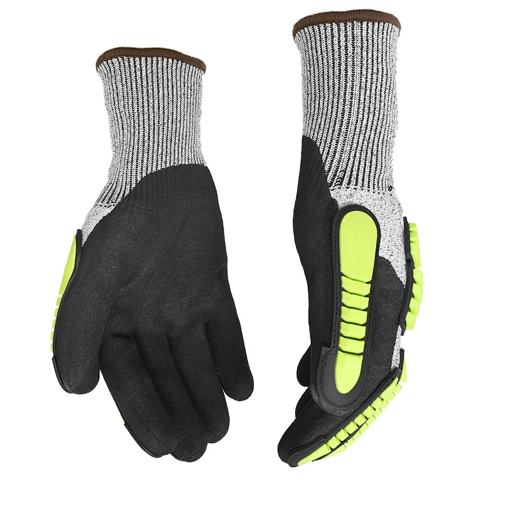 PARTNERJOY 13Gauge HPPE Glass Fiber Nitrile Anti Cut Gloves Level 5 Sandy Coating TPR PVC Impact Knitting Wrist With EVA On Palm