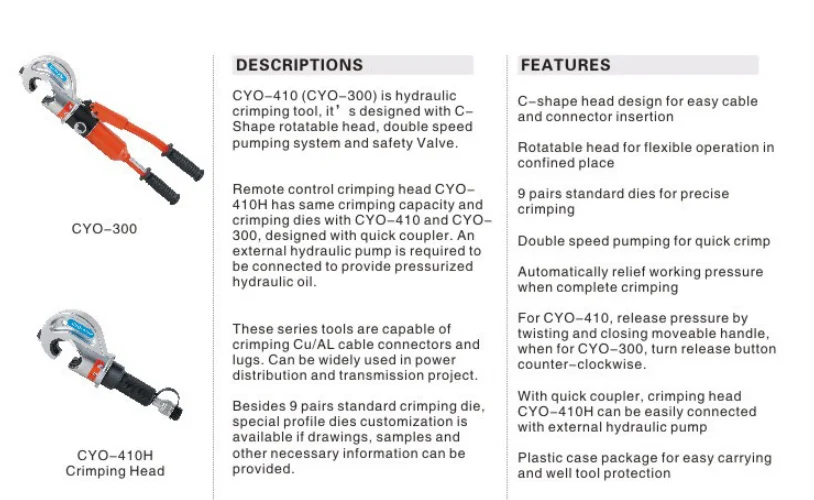 16 Ton Hydraulic Crimping Tool CYO-410 240 410 Adjustable Cable Lug Crimping Plier