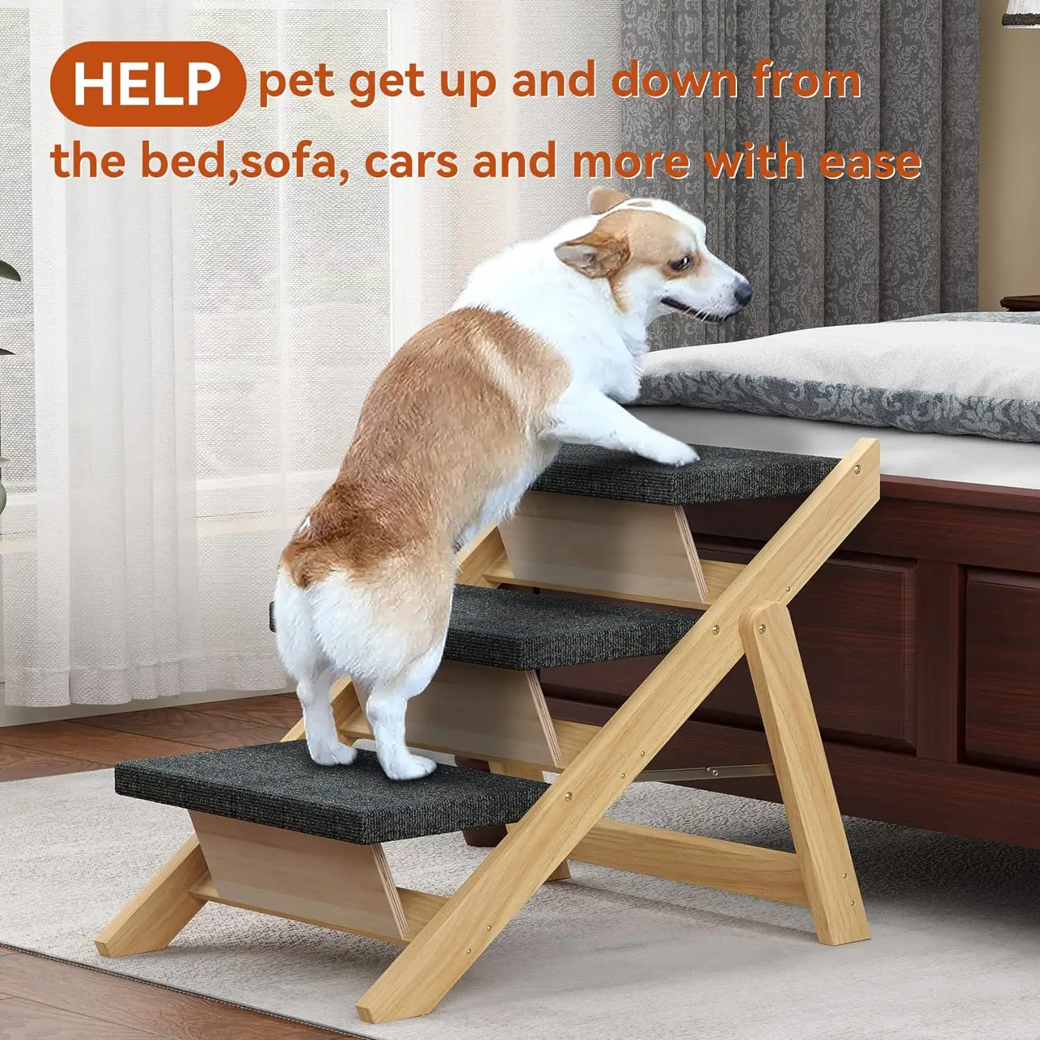 Pet Stairs/Steps Medium Dogs Steps Foldable Wood Dog Ramp with Non-Slip Pads, Safety, Durable Portable Ladder 3 Steps