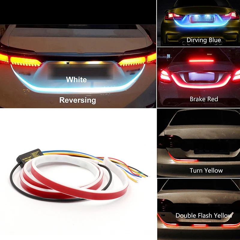 Car Rear Trunk Tail Light 120cm Colorful Dynamic Reverse Warning LED Strip 12v Auto Additional Brake Follow Turn Signal Lamp