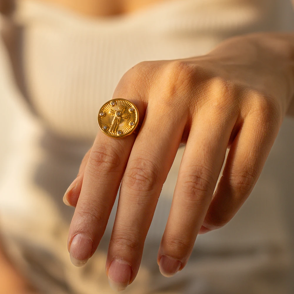 J&D Jewelry Waterproof Stainless Steel 18K Gold Plated Round Coin Moon Star Cross Drop Earring Ring