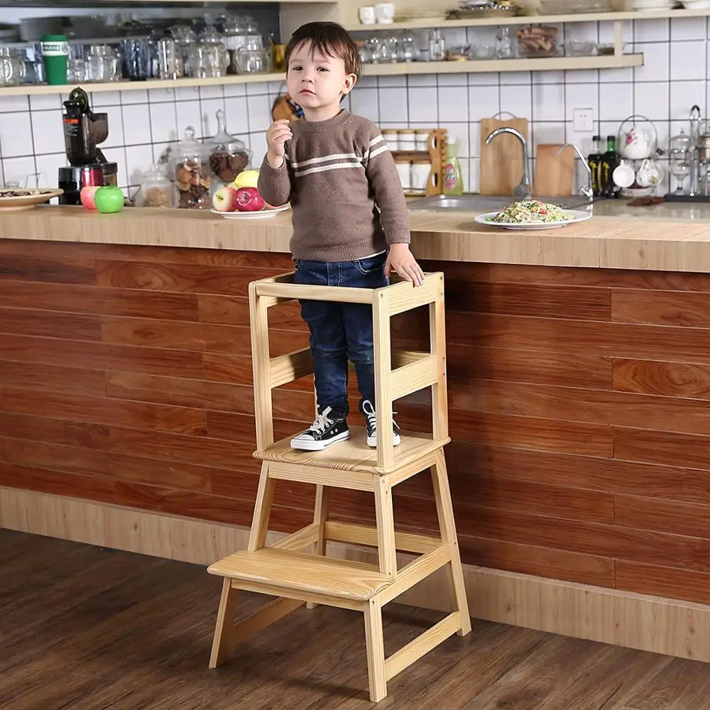 Kids Step Stool with Safety Rail,Wooden Toddler Standing Tower Natural Solid Wood Construction Learning tower