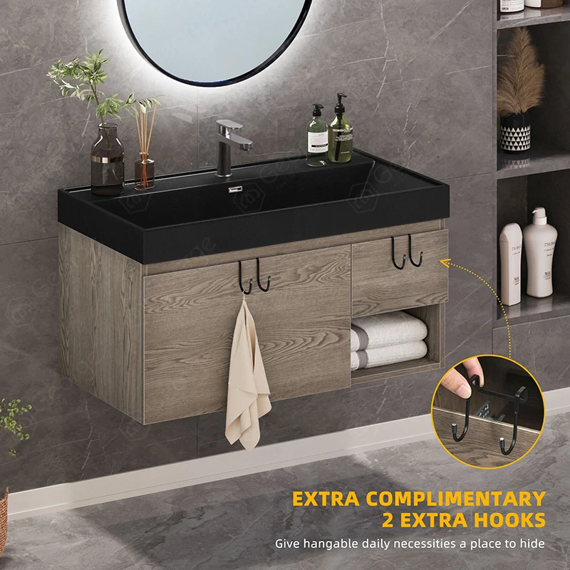 MDF/ PVC/ Plywood bathroom vanity cabinets with light mirror and slab basin sink for home