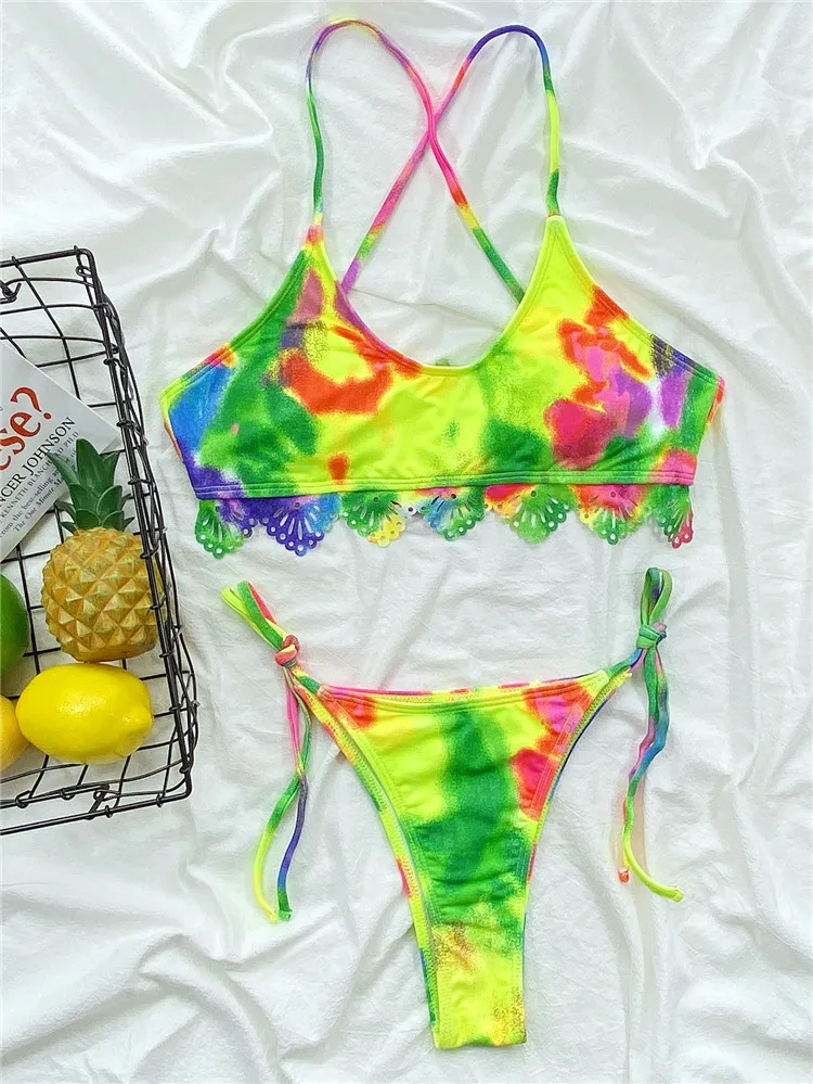 New 2 Pieces Tie Dye Bathing Suit Women Swimsuit High Cut Thong Swimwear Brazilian Bikini