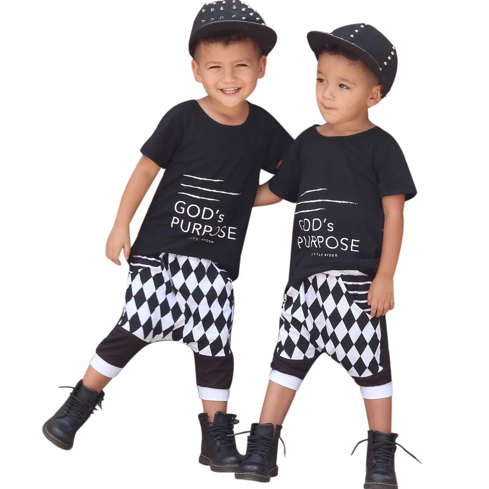 0305009-New Summer Children Casual Two Piece Suit Fashion Letter Printing Round Neck Short Sleeve Shorts Kids Set