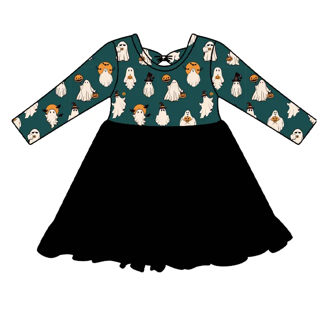 Newest Girls Clothing Custom Printed Bamboo Long Sleeve Knee Length One Piece Girls Cute Halloween Dresses