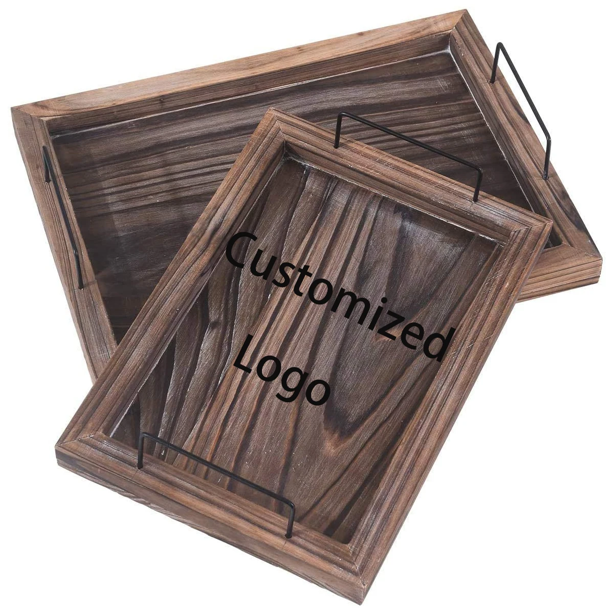 Brown Bandeja Con Asa Serving Rustic Rectangular Nesting Breakfast Metal Handle Decoration Wood Tray Food 2 Set