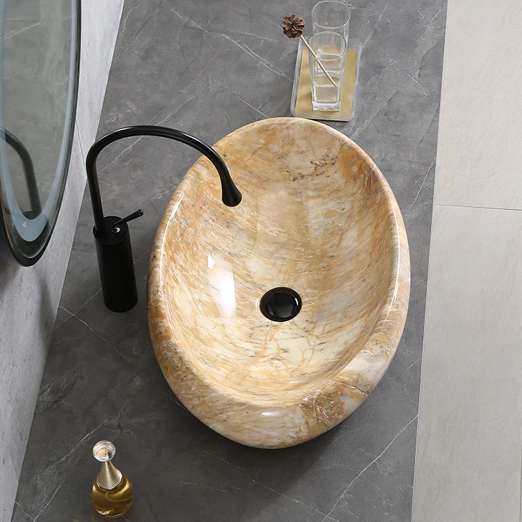 2023 Latest Design Luxury Toilet Washroom Sink Porcelain Oval Shape Material Basin Marble Pattern Look Ceramic Lavabo
