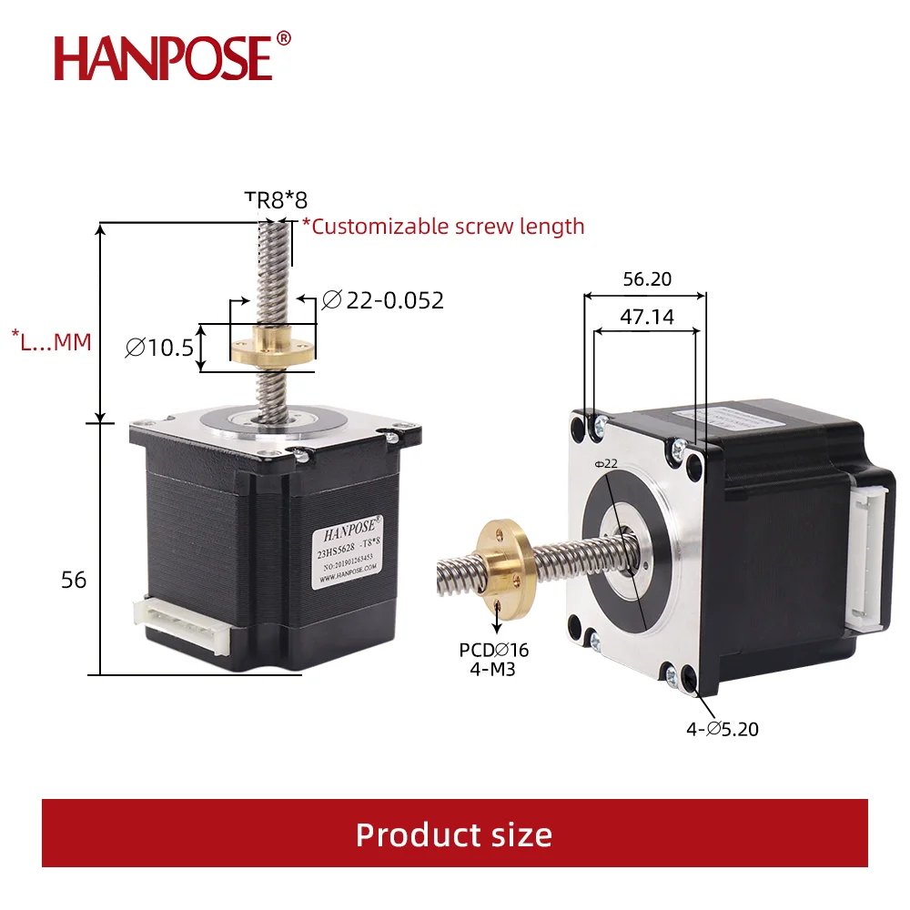 HANPSOE  nema 23 stepper motor 24V 2.8A 126N.CM 200mm length 23HS5628-T8 lead screw stepper motor for 3D printer T8 screw motor