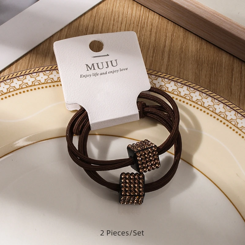 2Piece of Superior sense of water drill hair ties high elastic 2-in-1 hair band ponytail head rope for women