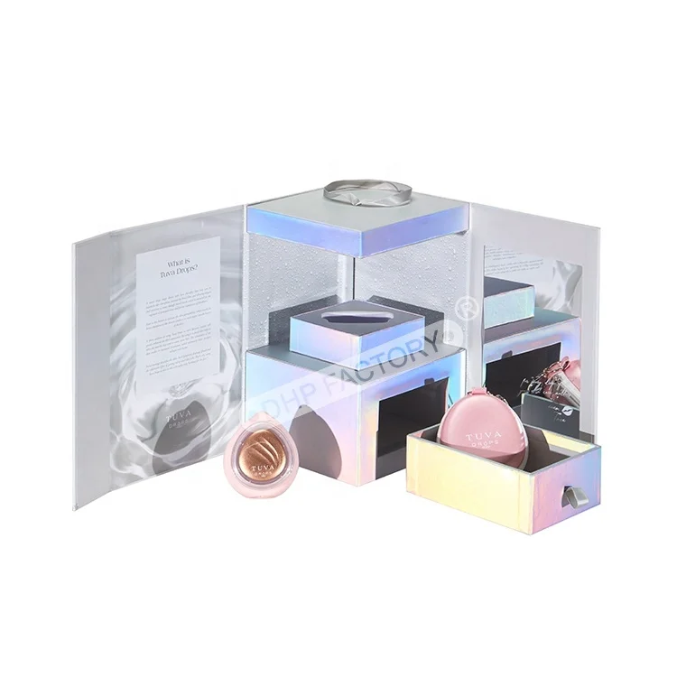 New Arrival Luxury Holography Shiny Display Custom Door Open PR Beauty Cosmetic Package Skincare Product Gift Set Packaging Box