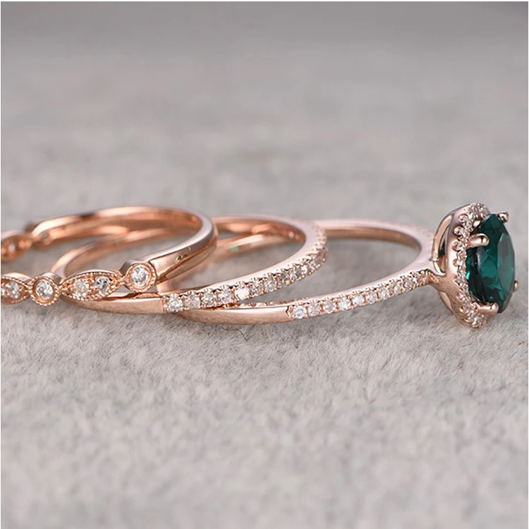 Top sell exquisite  14k rose gold three pieces ring sets for woman engagement emerald diamond ring for girls