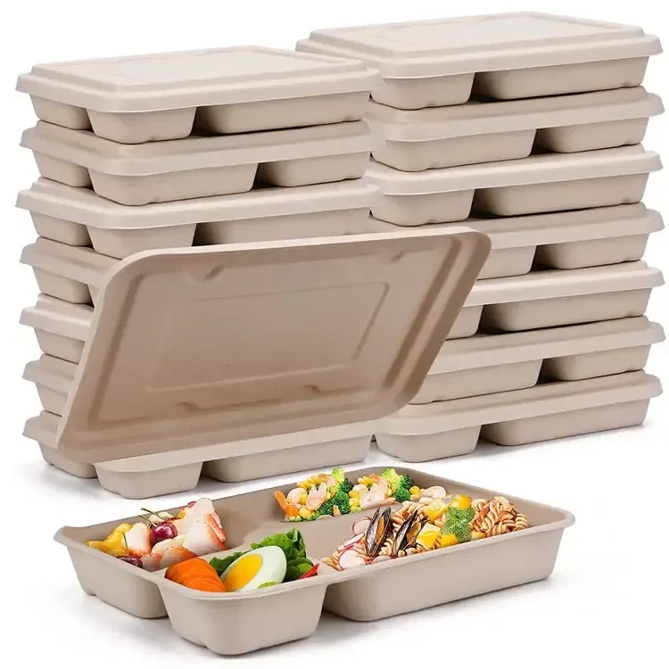 High Quality 100% Compostable Sugarcane Bagasse Plate Food Pack Bagasse Rectangular Compartment Leakproof Packaging