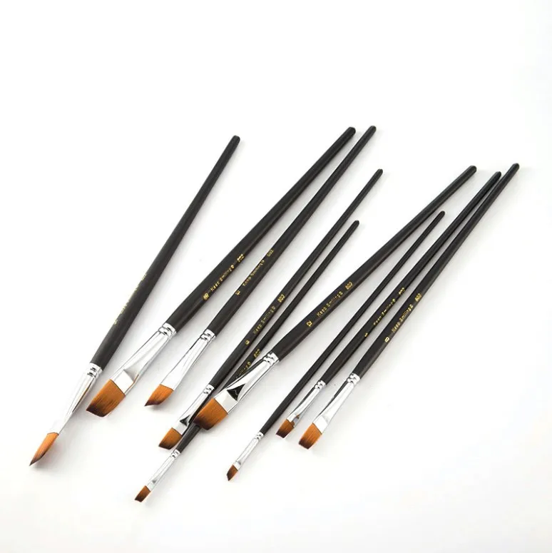 9pcs Long Rod Black Matt Nylon Wool Oblique Head for Watercolor Acrylic Oil Painting