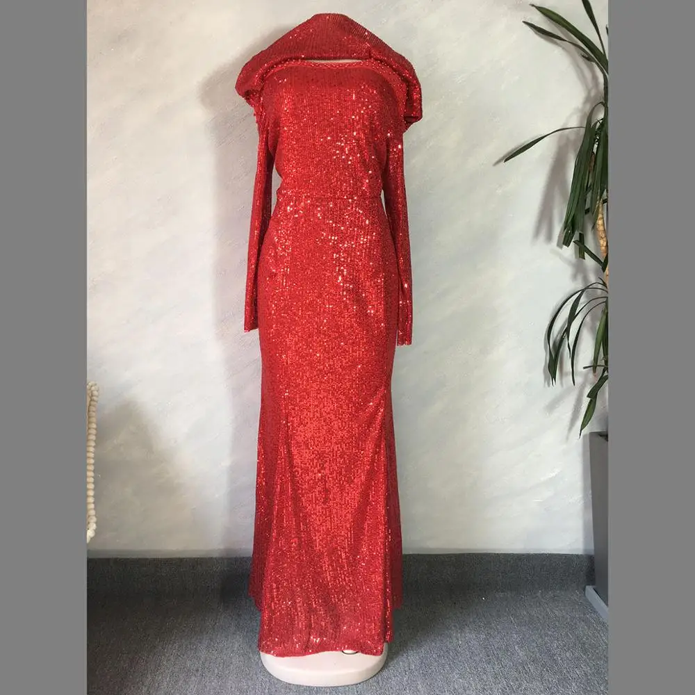 
Christmas Party Banquet Evening Dress Sequins Vertical Shoulder Decoration Beaded Long Elastic African Dress 