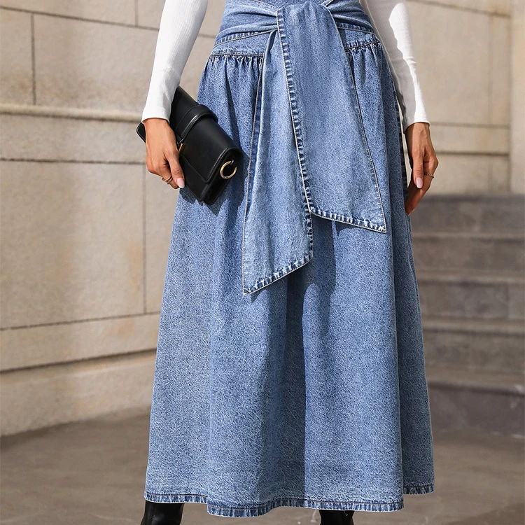 Long jeans skirt women denim high waist pleated denim midi skirt denim long skirt for women