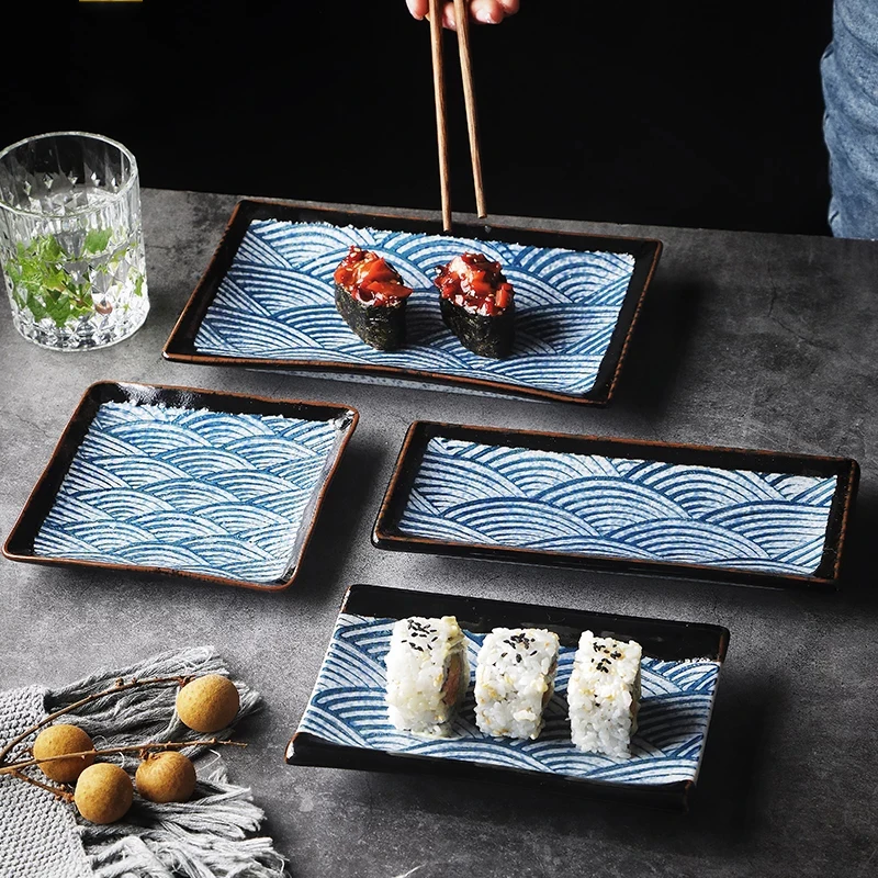 Japanese Design Vintage Rectangular Food Serving Plates Dessert Sushi Plate Set Custom Ceramic Plate