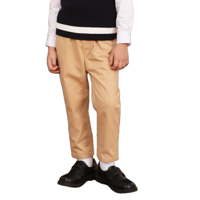 Индивидуальные хлопковые школьные брюки цвета хаки в британском стиле для мальчиков, оптовая продажа, Детская облегающая школьная форма, брюки для мальчиков
