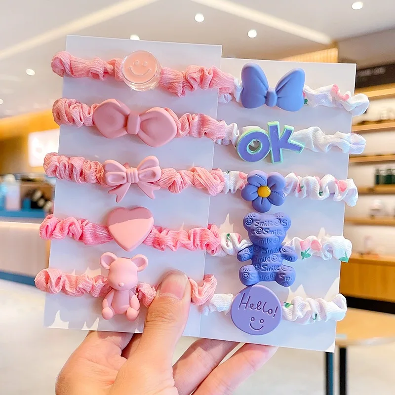 BELLEGIRL Korean style new simple design elastic hair bands 5pcs Cartoon flower heart bow does not seam kids hair bands for gift