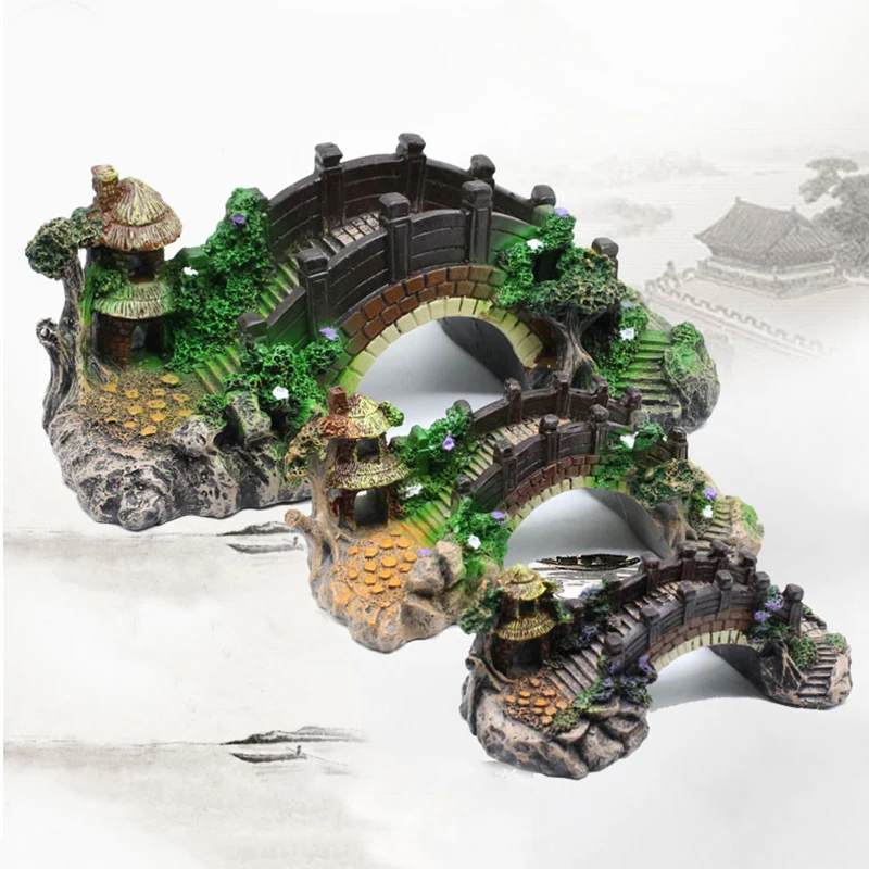
Aquarium Fish Tank Vintage Decorative Bridge Landscape Ornaments Pavilion Tree Plants Resin Design Pet Supplies Home Decorations 
