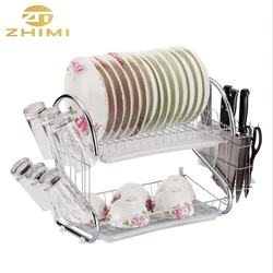 2-Tier Metal Dish Storage and Drainboard Kitchen Chrome Cup Drying Rack Tray Cutlery Drainer Holder