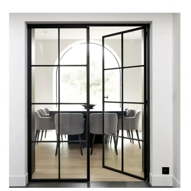 Modern Interior Office Partition Garden Patio French Style  Powder Coated Black Glass Door With Steel Frame