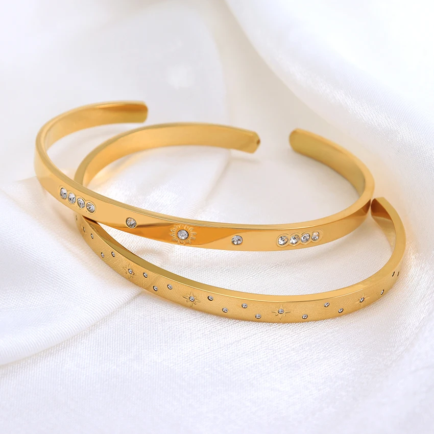 Fashion Jewelry Bling Tiny Cubic Zircon Open 5mm Band Bracelet Stainless Steel High Polished Shiny Cz Star Cuff Bracelet Bangle