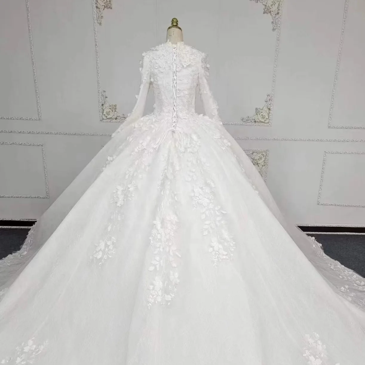 3D flowers high neck long sleeve ball gown muslim wedding dress vestido de novia 2023
