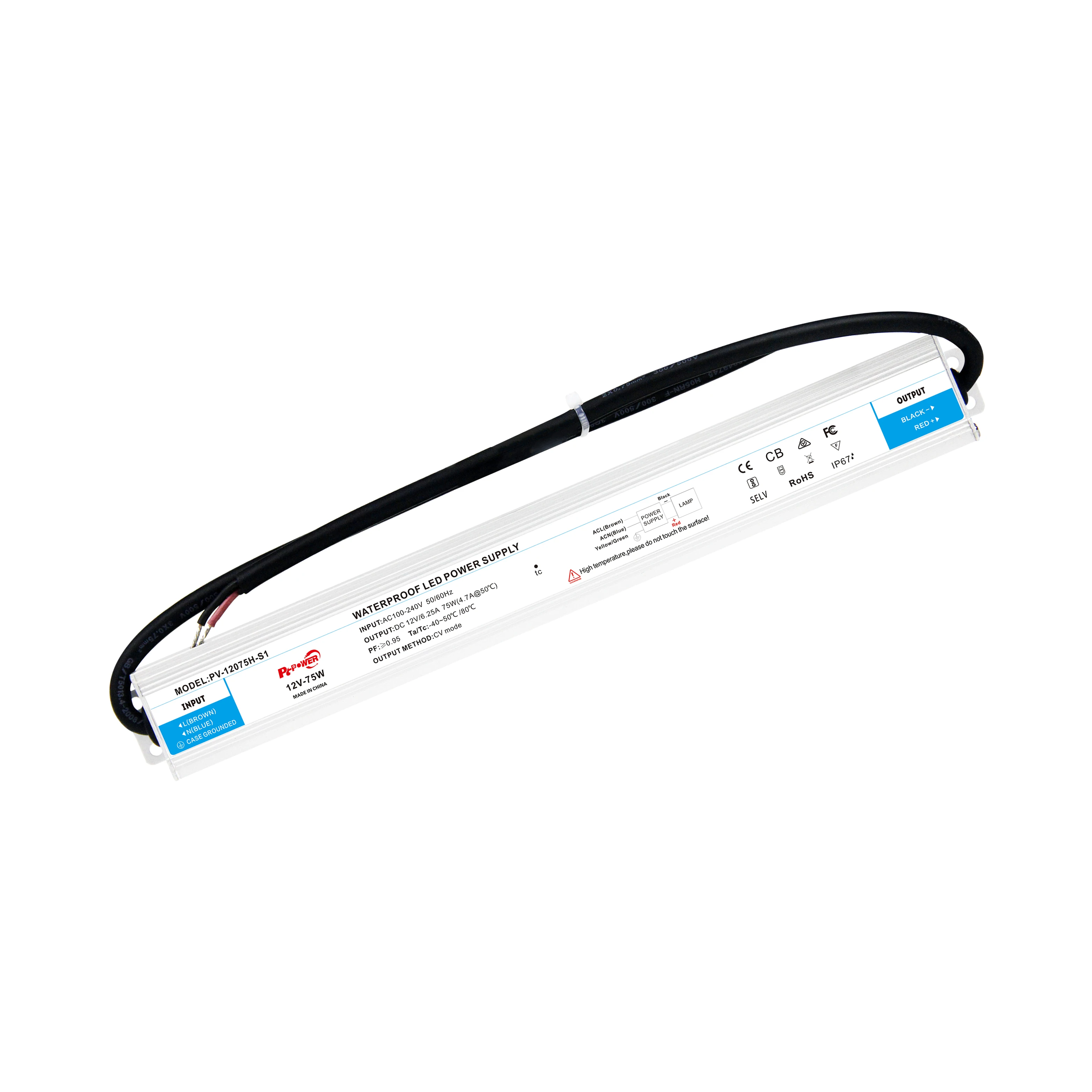 Тонкий водонепроницаемый IP67 PFC 36W 75W 100W Вход 100-240V AC to DC Оптовая цена 12V 24V Светодиодный драйвер для светодиодной ленты