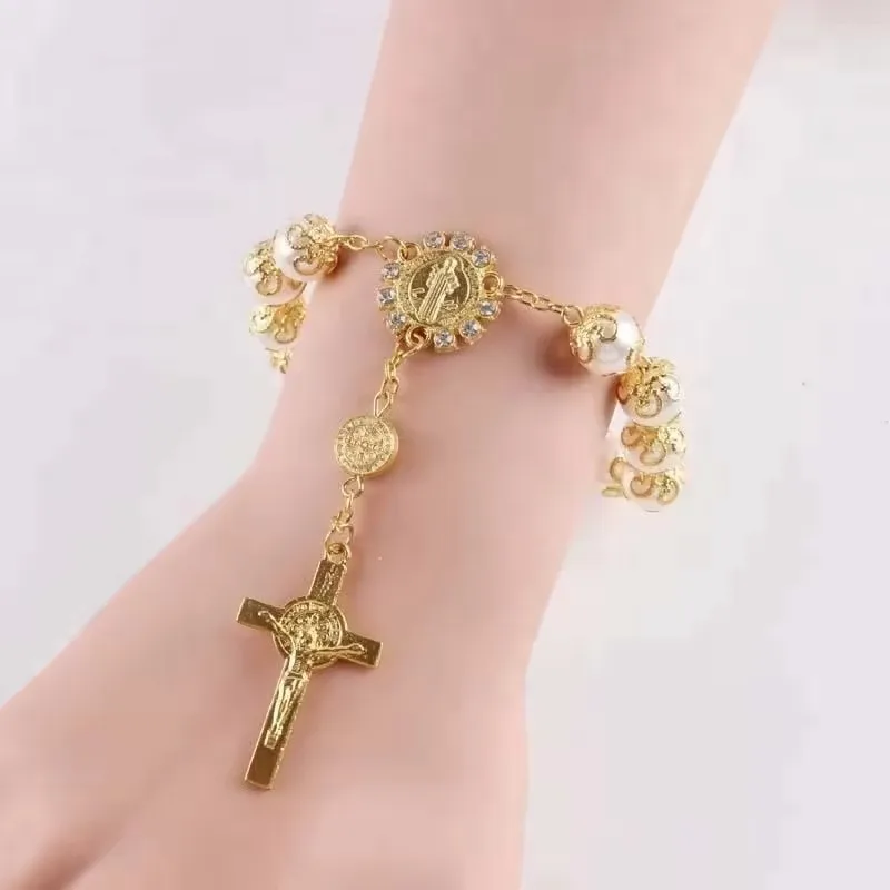 Ancient Golden Rose Pure Handmade Virgin Mary Long Prayer Bead rosary bracelet catholic