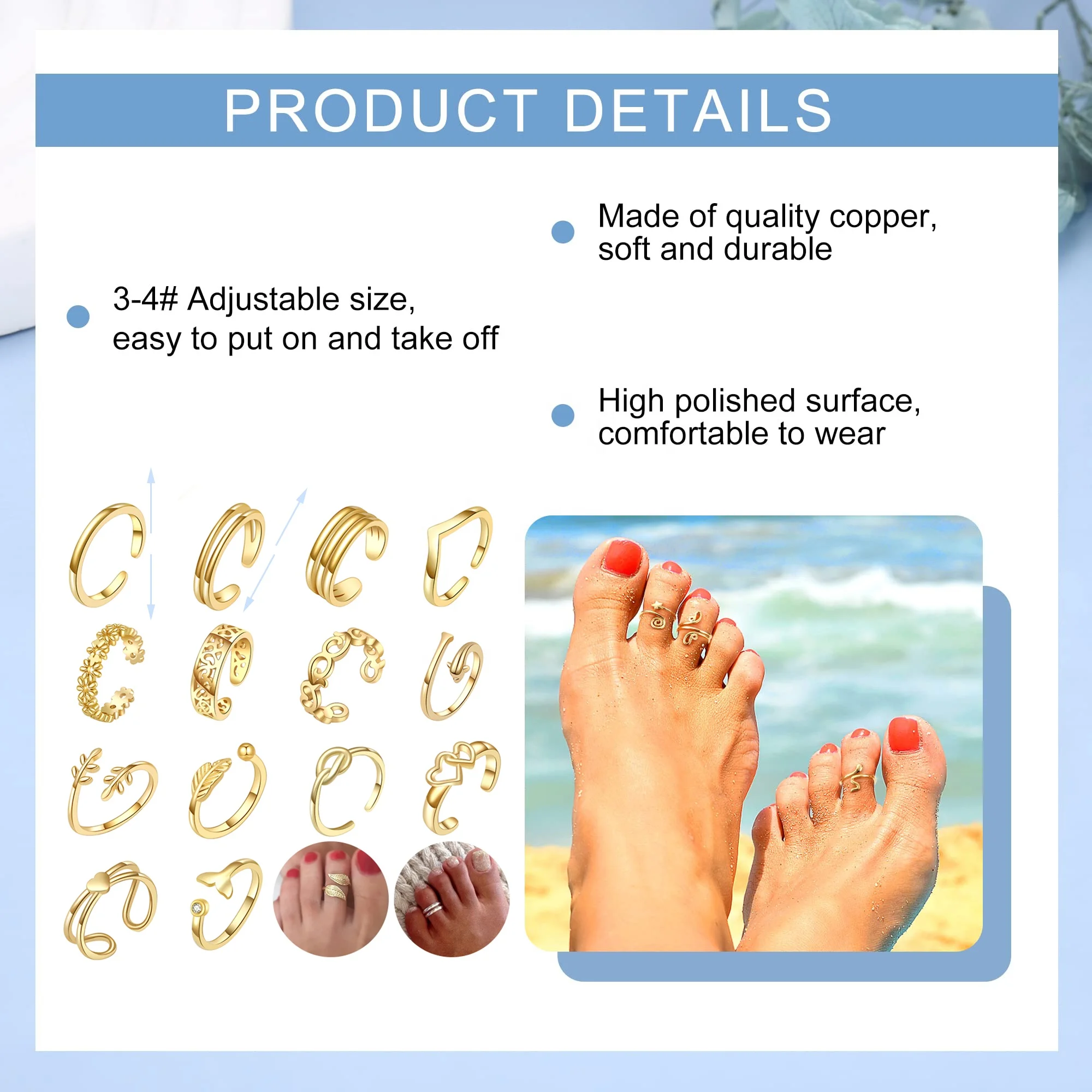 LOVE Toe Ring for Women 18K Gold Plated Jewelry Small Size Adjustable Open Tail Stacking Rings Summer Beach Foot Jewelry
