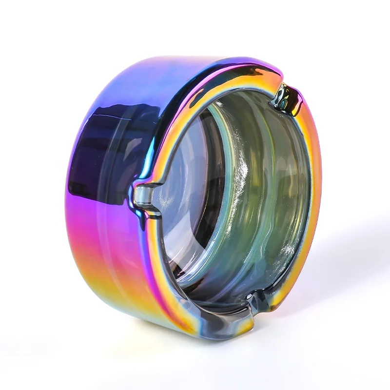 WOWO TECH Wholesale Fashion Design Round Pocket Glass Cigar Ashtray Electroplated Rainbow 85mm Custom LOGO Glass Ashtray