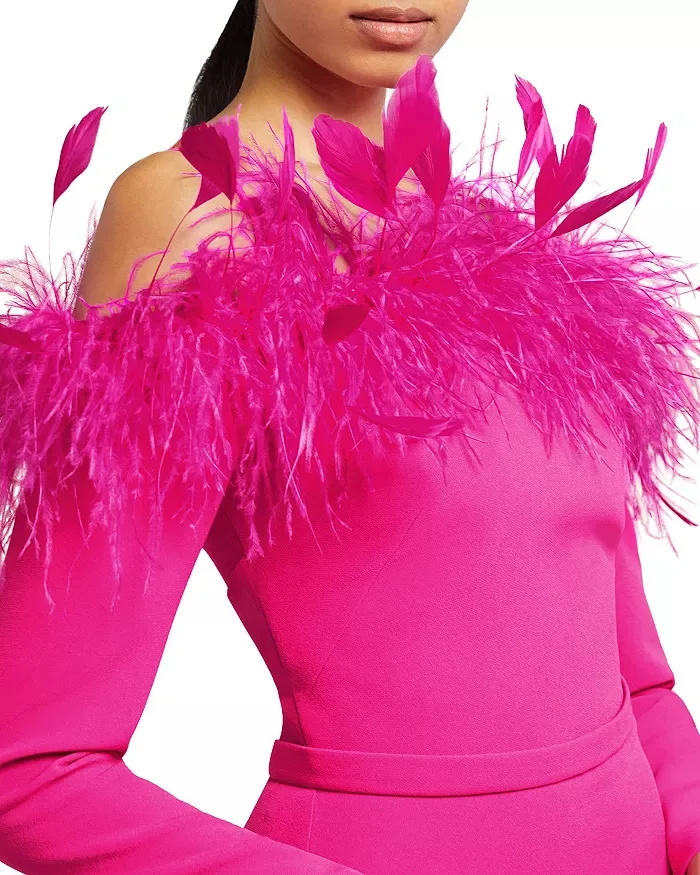 Liu Ming High End 2024 Women Elegant Sexy Feathers Long Sleeve Bodycon Clothes Club Party Evening Midi Dresses