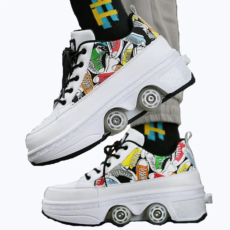 Deformation Walking Rollershoes Outdoor Sports Kick Out Spinning Top Roller Skates Shoes with Retractable 4 Wheels