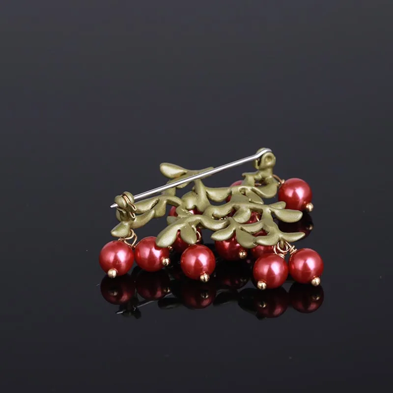 Begonia flower red fruit tree pearl sterling silver brooch