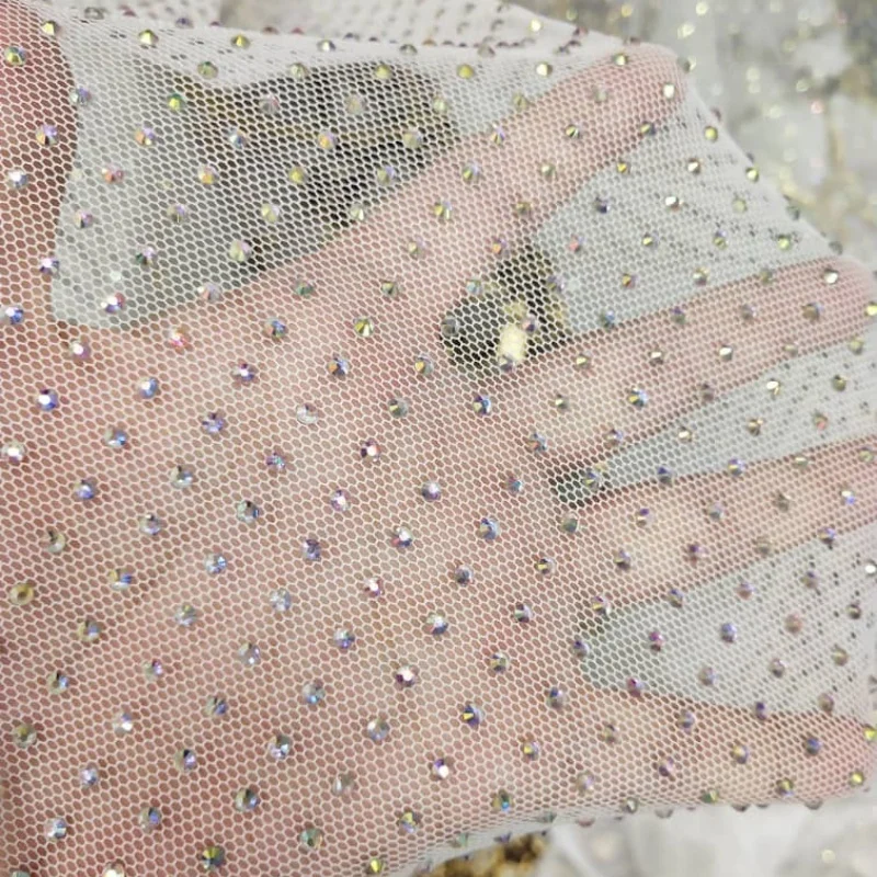 Clothes Fabric Shiny AB Rhinestones White Mesh with Elasticity Multiple Colors Can Custom